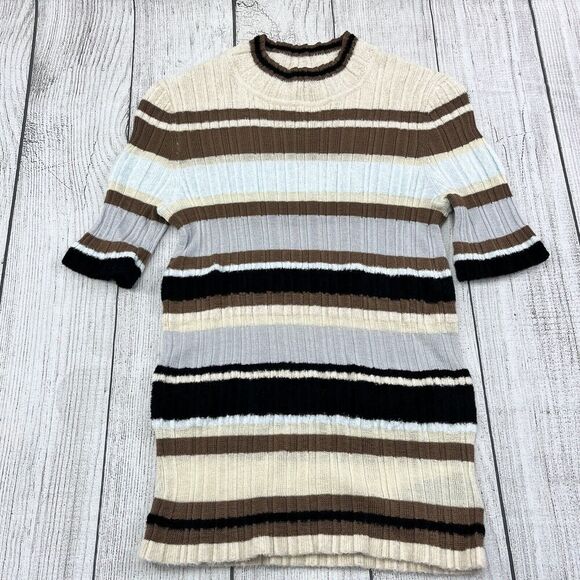 Theory Sweater Sz S Wool Blend‎ White Crushed Velvet Striped Short Sleeve Shirt - Picture 1 of 6